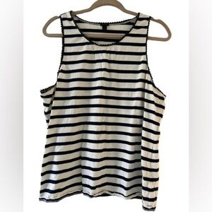 J Crew Navy and White Striped Tank with Vegan Leather Scalloped Trim. Size XL